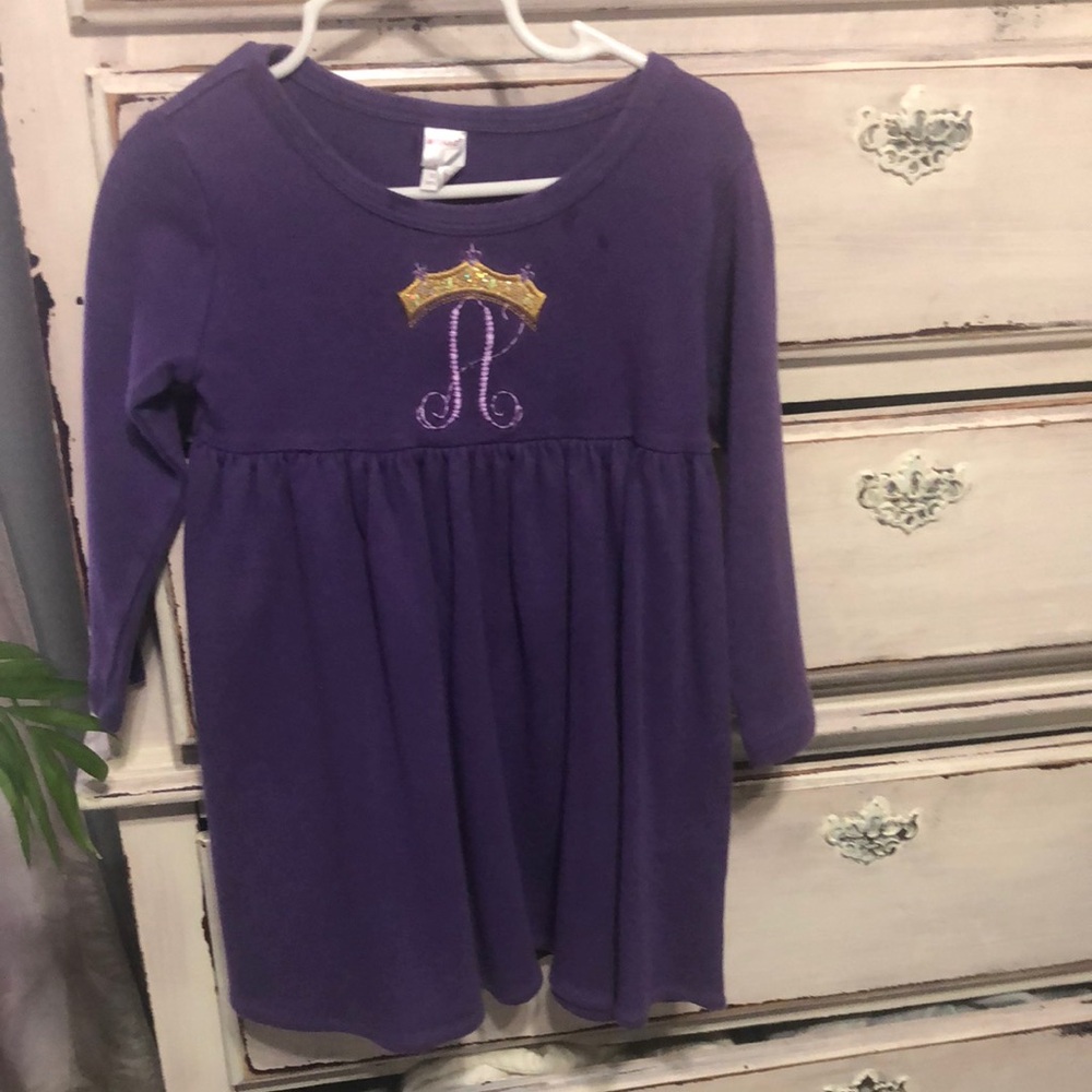 Purple Kids Casual Dress with Gold Crown Embroidery